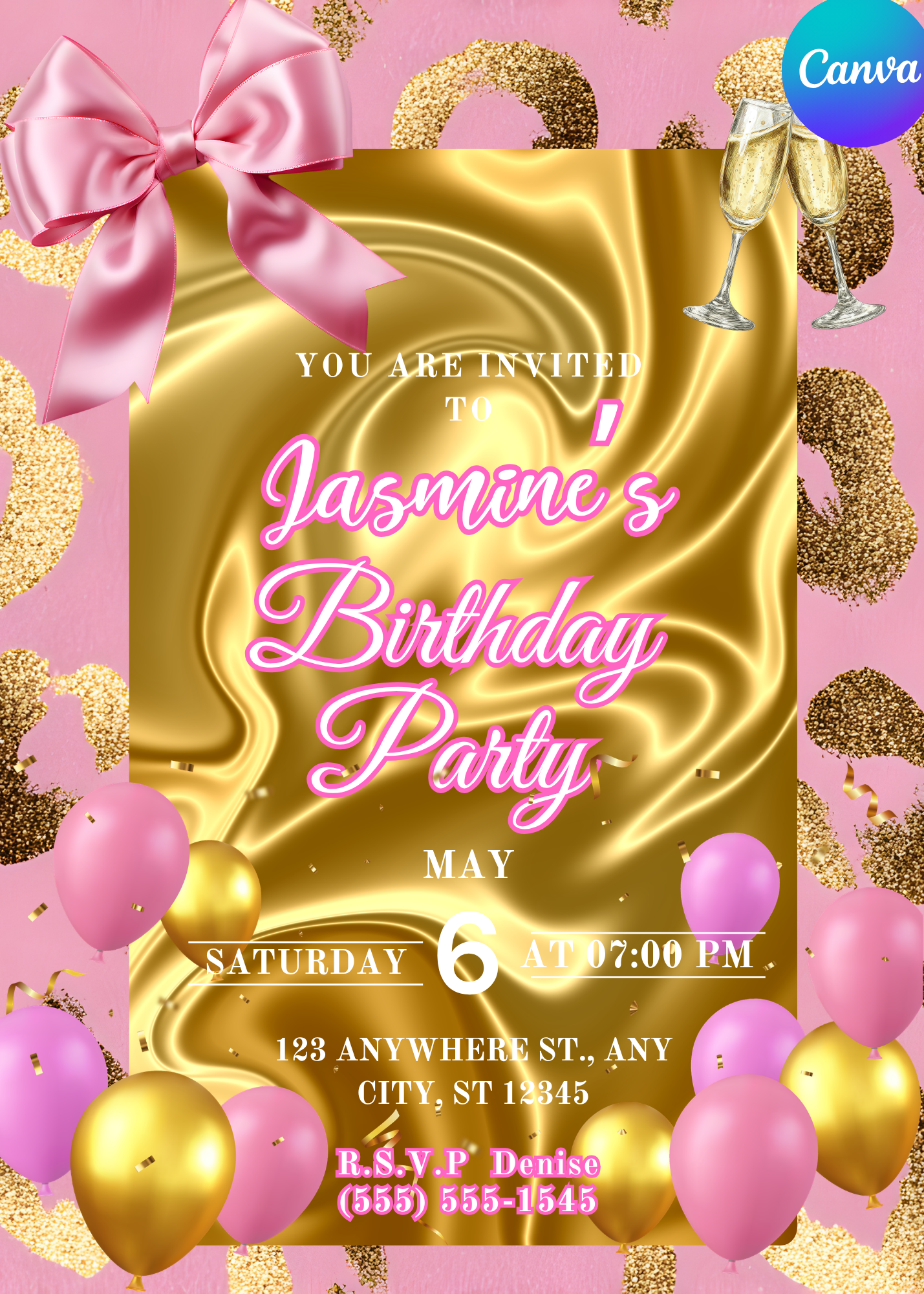 Editable Pink & Gold Birthday Invitation Template (digital download)
